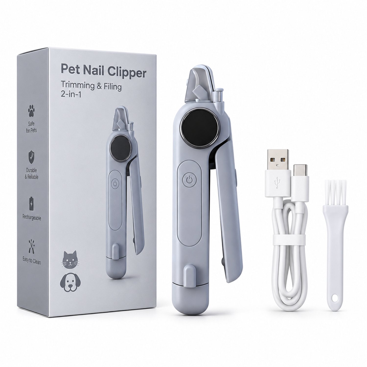 elektrische nagelknipper voor huisdieren - Grijs - 2-in-1 knippen en vijlen - Voor katten en honden - Engelstalige doos