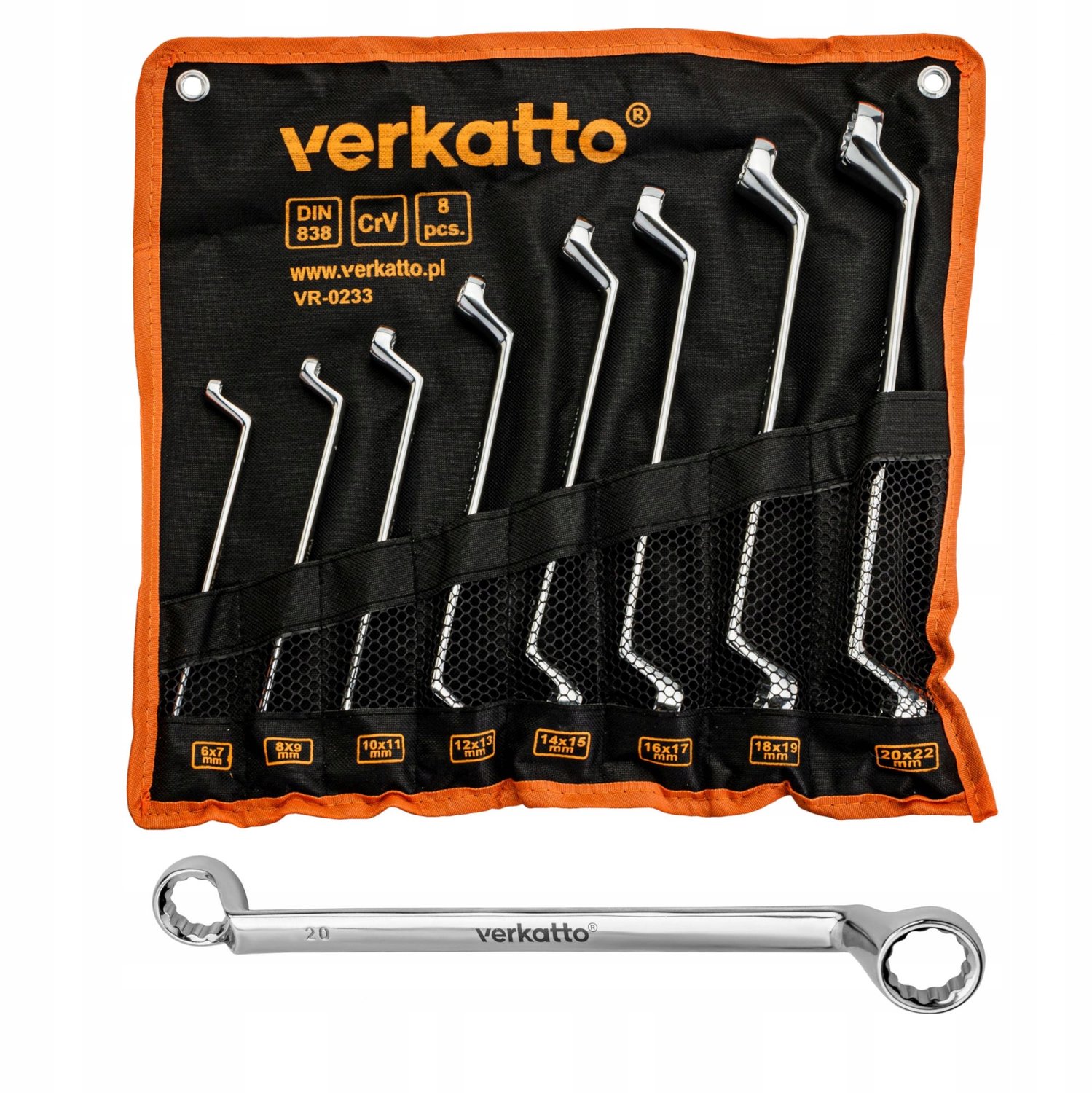 8-delige Gebogen Ringsteeksleutelset 6-22 mm CrV met Koffer