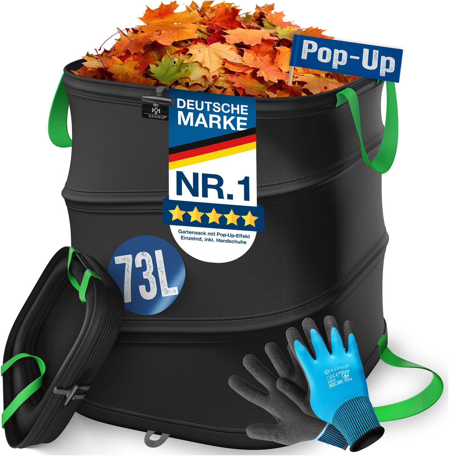 KESSER® Pop-up tuinzak 73 liter - Zelfstaand en opvouwbaar - Met handschoenen - Zwart/lichtgroen