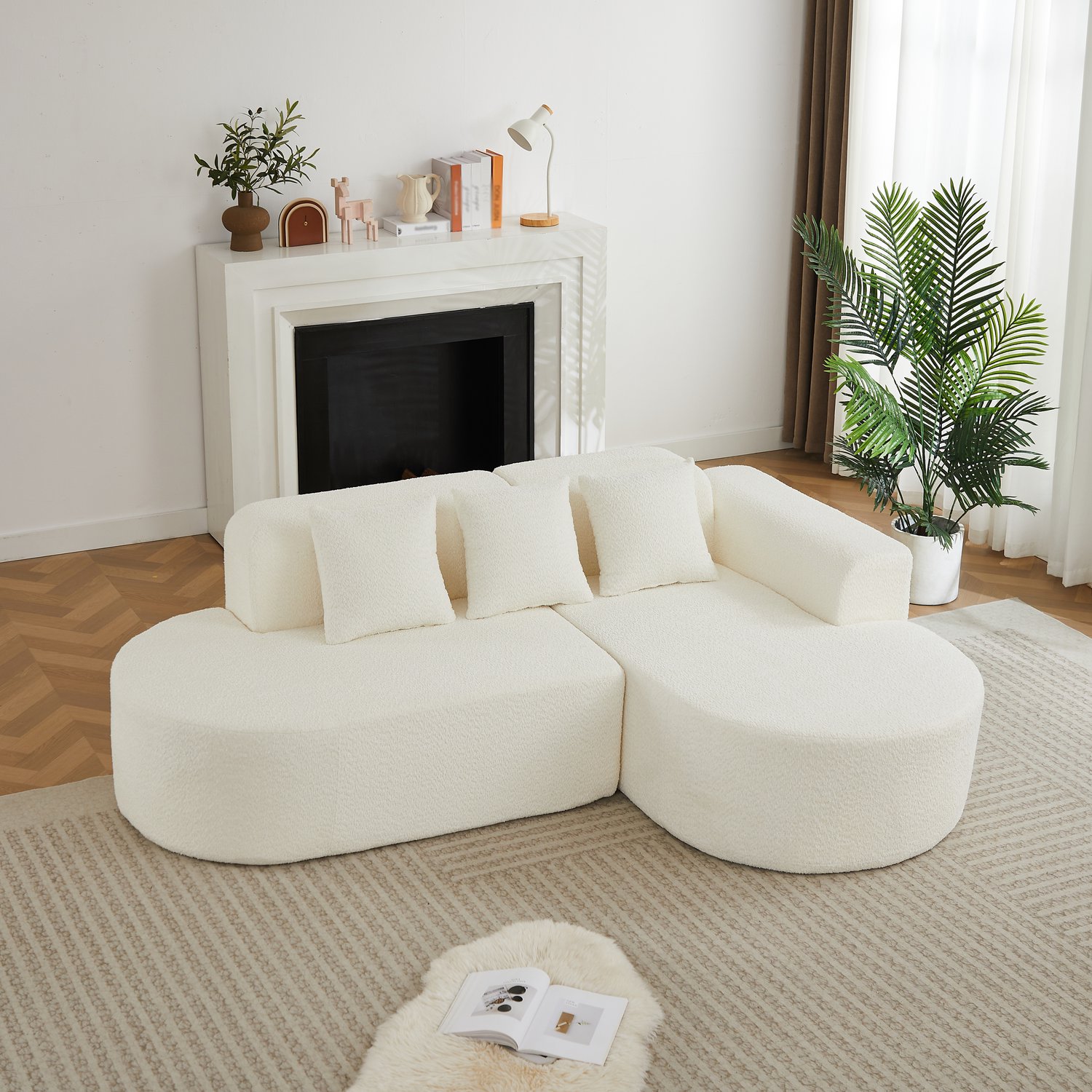 MIVRAY Hoekbank L-Vorm - Rechter Chaise Longue Met 3 Rugkussens - Voor Woonkamer En Familieavonden - Chenille Beige Creme