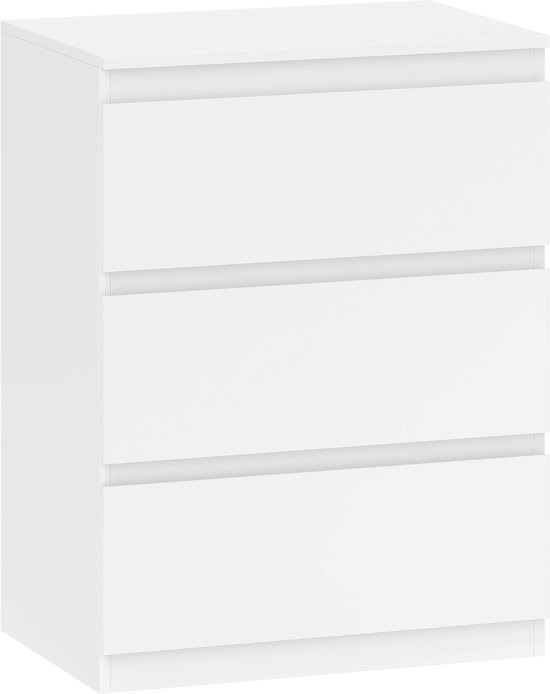 Witte commode met 3 lades op een witte achtergrond.