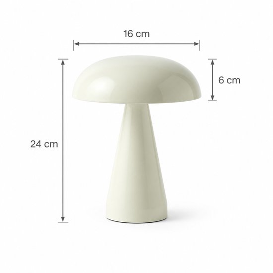 Crèmekleurige paddenstoelvormige tafellamp, 24 cm hoog, 16 cm breed, 6 cm lampenkaphoogte.
