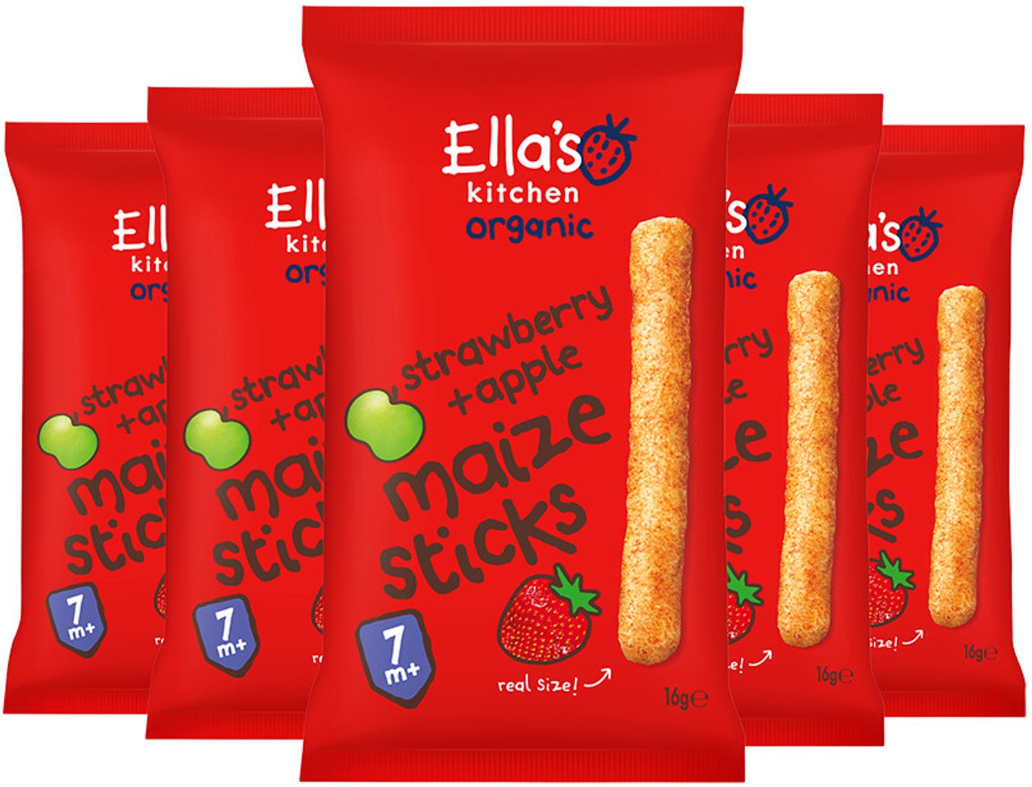 Ella's Kitchen - Biologisch Maize Sticks 7+m Aardbei & Appel - 5 x 16 gr - Voordeelverpakking