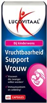 Verpakking met 'Bij kinderwens Vruchtbaarheid Support Vrouw' tekst en een afbeelding van een moeder met baby. 60 capsules.