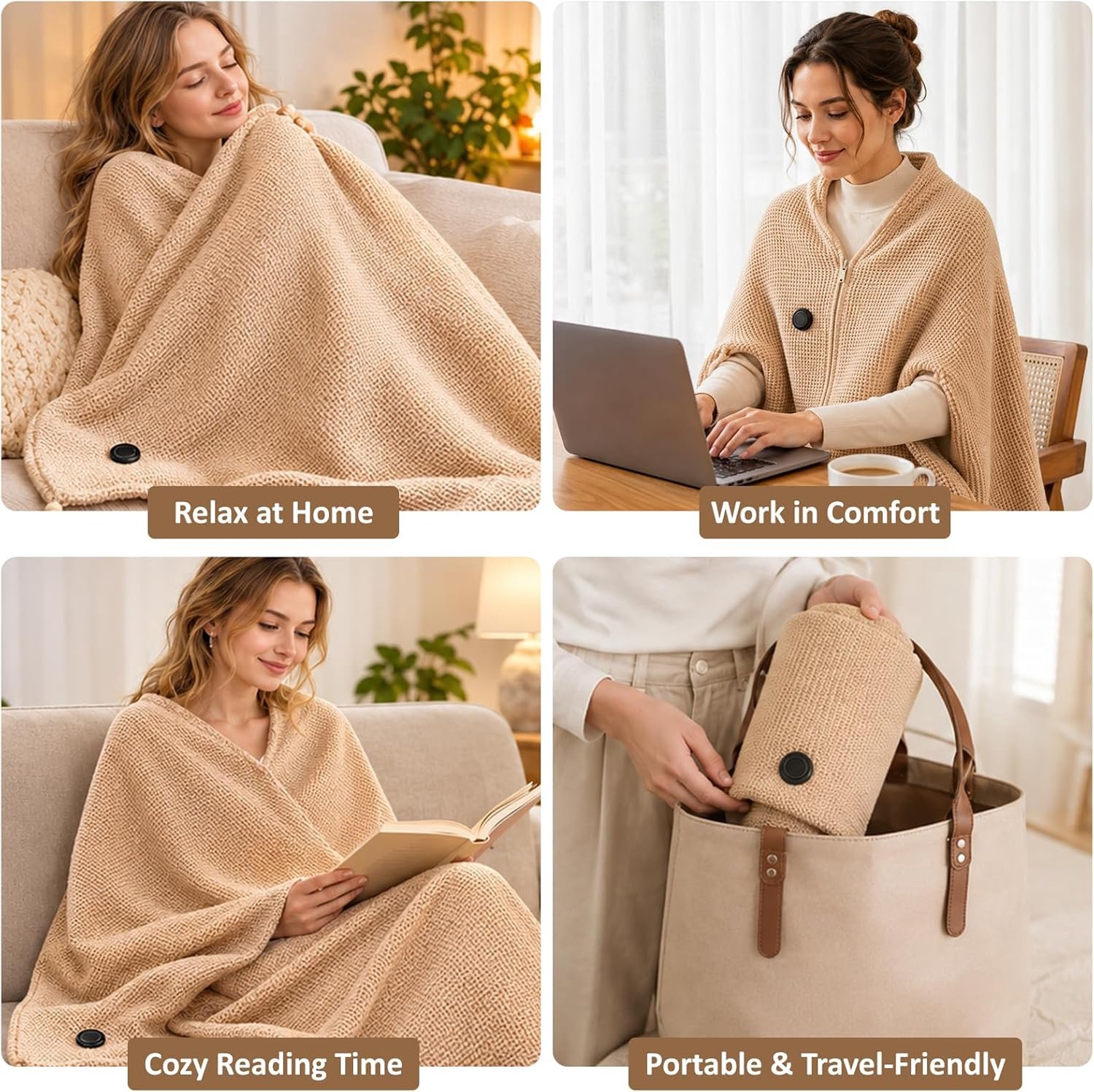Elektrische Deken - 150× 80CM - Hoodie Deken - Plaids - Verwarmde Plaid - Warmtedeken - Dames Verwarmde Schoudermantel - Verwarmde deken - USB Verwarmd - 3 Standen - Winter Verwarmaccessoire - Voor kantoor, thuis, in de auto en op reis - Beige – foto 6