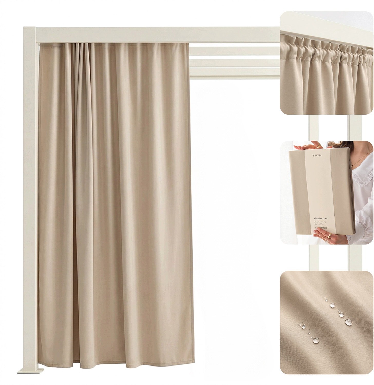 Waterdichte Terrasgordijn 155x270cm Beige met Tunnel - UV-bestendig