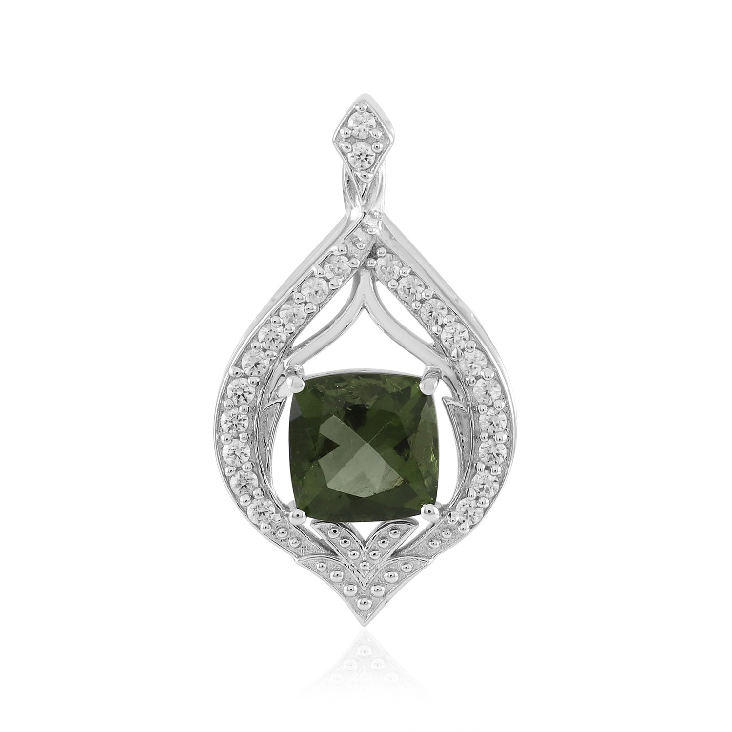 Cavill - Luxe Zilveren Hanger - 1,092 ct Antiek Kussen Moldaviet - 925 Sterling Zilver Platina Afgewerkt - Druppelvorm Cambodjaanse Zirkonen