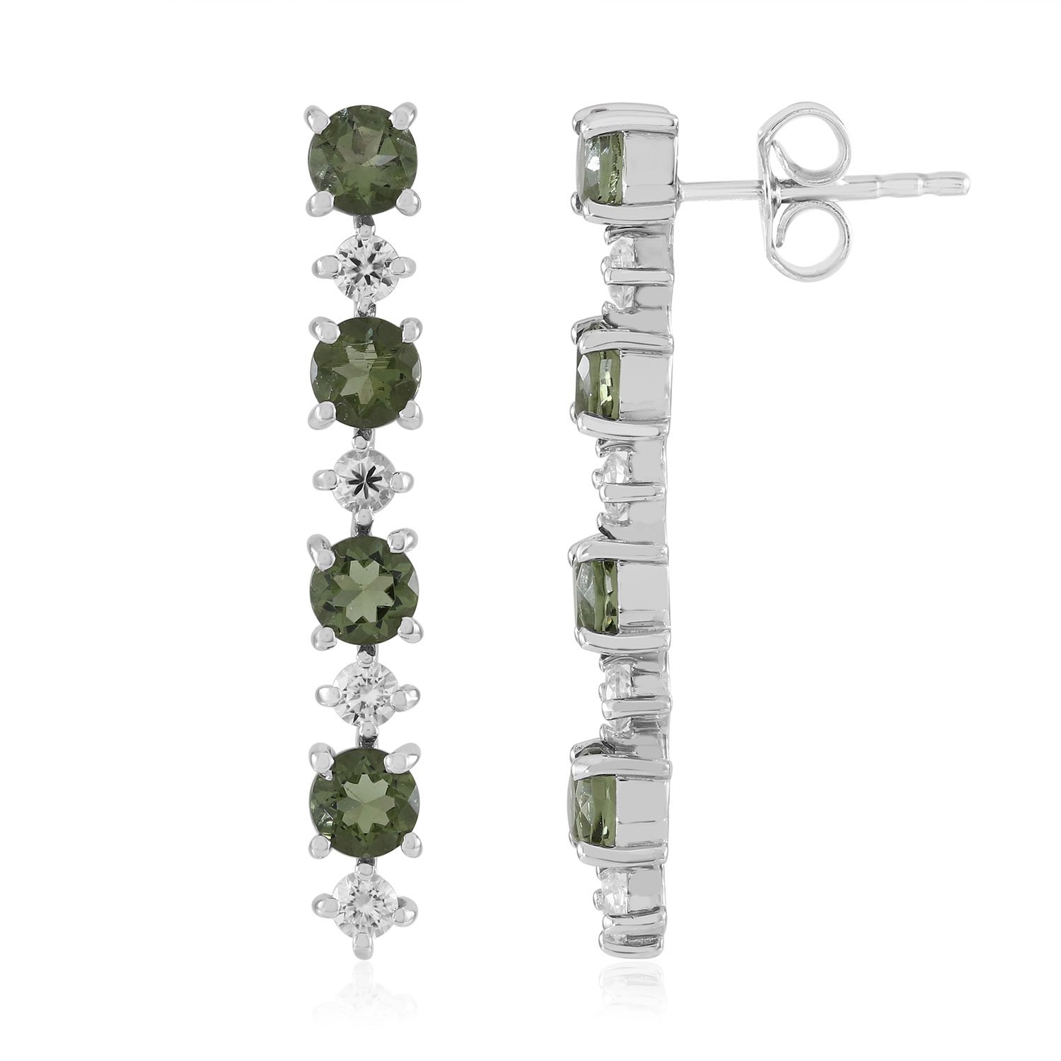 Cavill - Elegante Zilveren Oorstekers 925 Sterling Zilver met Platina - 1,618 ct Rond Moldaviet & 0,633 ct Zirkoon - Dames Sieraden