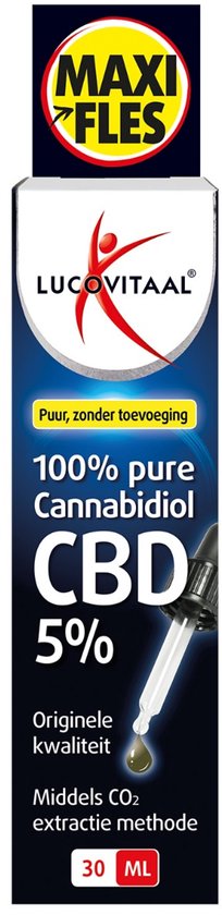 Flesje Lucovitaal CBD olie 5% met druppelaar, 30 ml. "Puur, zonder toevoeging", "100% pure Cannabidiol".