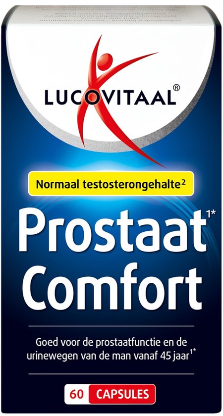 Lucovitaal Prostaat Comfort productverpakking met blauwe en witte kleuren. Met het logo van Lucovitaal en de tekst 'Prostaat Comfort'.