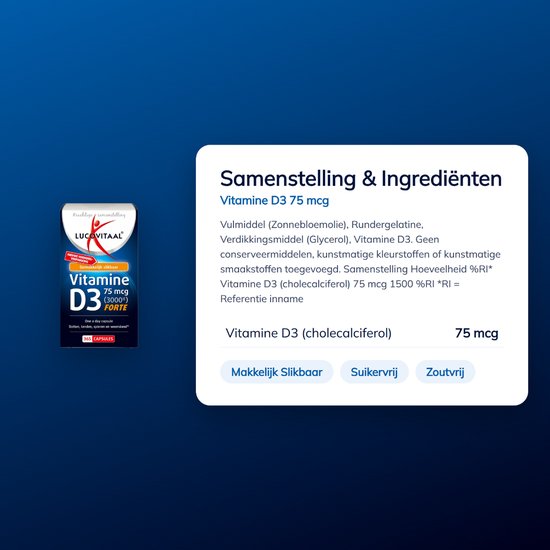 Samenstelling & Ingrediënten Lucovitaal Vitamine D3 Forte 75 mcg. Makkelijk slikbaar, Suikervrij, Zoutvrij.
