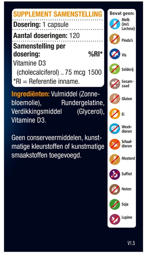 Achterkant van Lucovitaal Vitamine D3 Forte verpakking, met supplementinformatie.