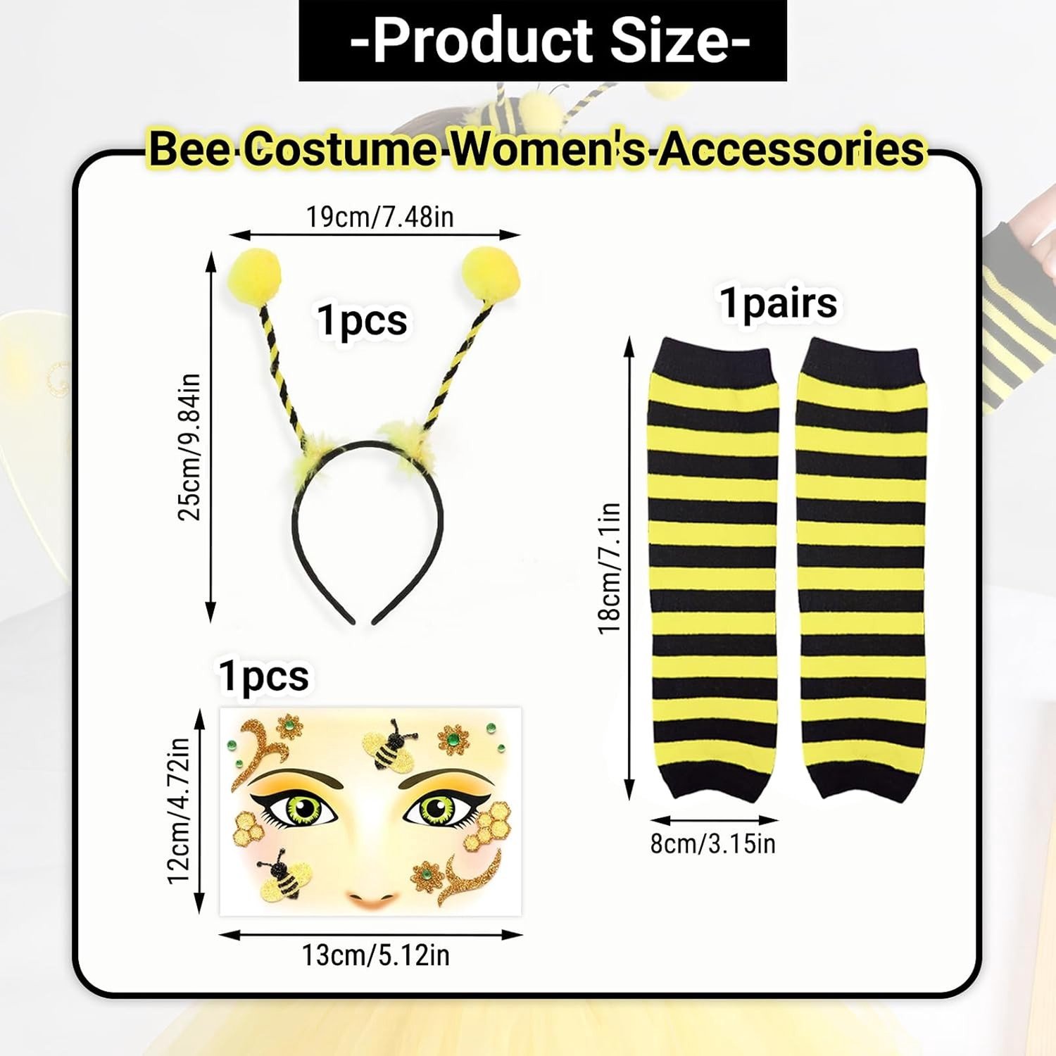 Driedelig Bijenkostuum voor Dames met Haarband, Handschoenen en Gezichtstatoeage - Carnaval Outfit voor Volwassenen en Meisjes - Geel/Zwart Cosplay Kostuum voor Feestjes en Themadagen