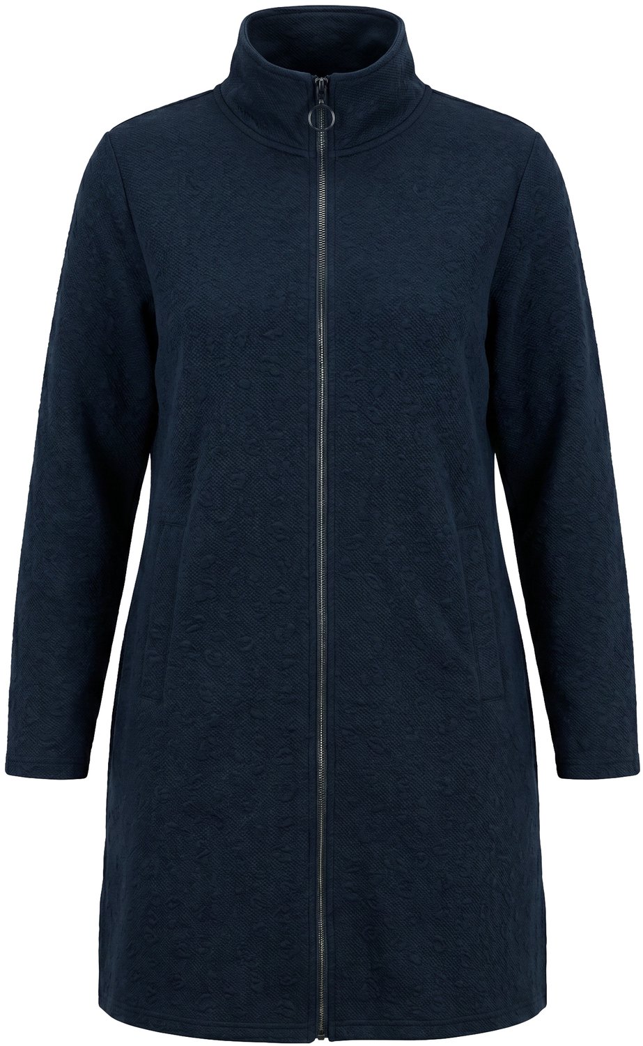 Ulla Popken - Dames - Lange sweatjas luipaardpatroon opstaande kraag - Marine - Maat 46+