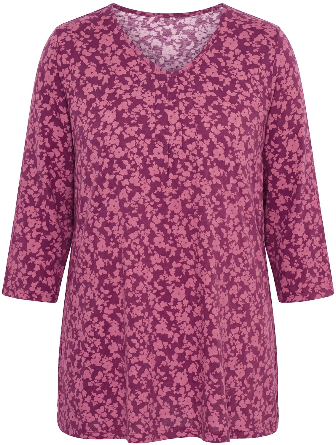 Ulla Popken - Dames - T-shirt A-lijn V-hals sierplooien 3/4-mouw - Donker bes - Maat 54+