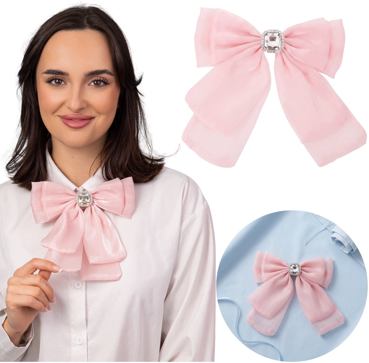 Grote Roze Strik Brosche met Kristal voor Blousekraag