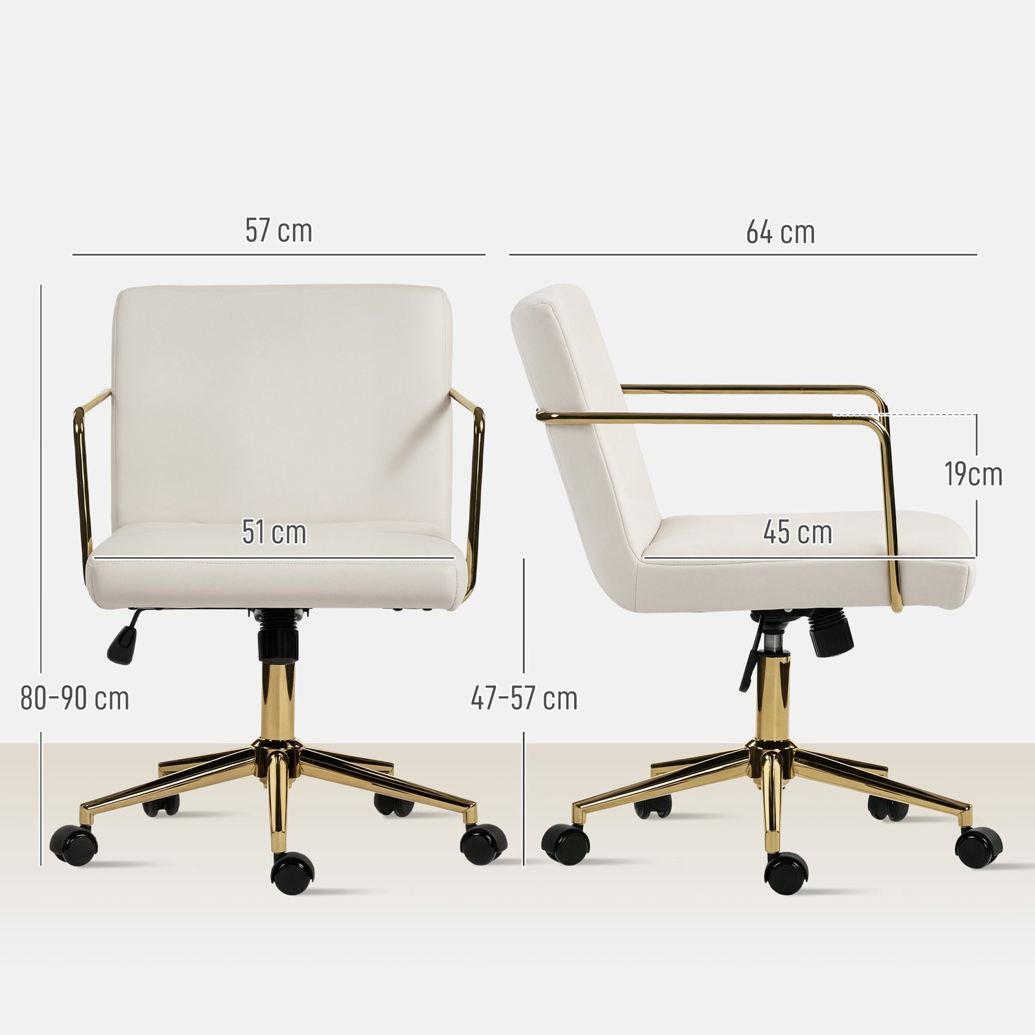 Homona Bureaustoel - Met kantelfunctie en verstelbare hoogte - Stoffen bekleding in fluweellook - 57 x 64 x 80-90 cm - Crèmewit/Goud