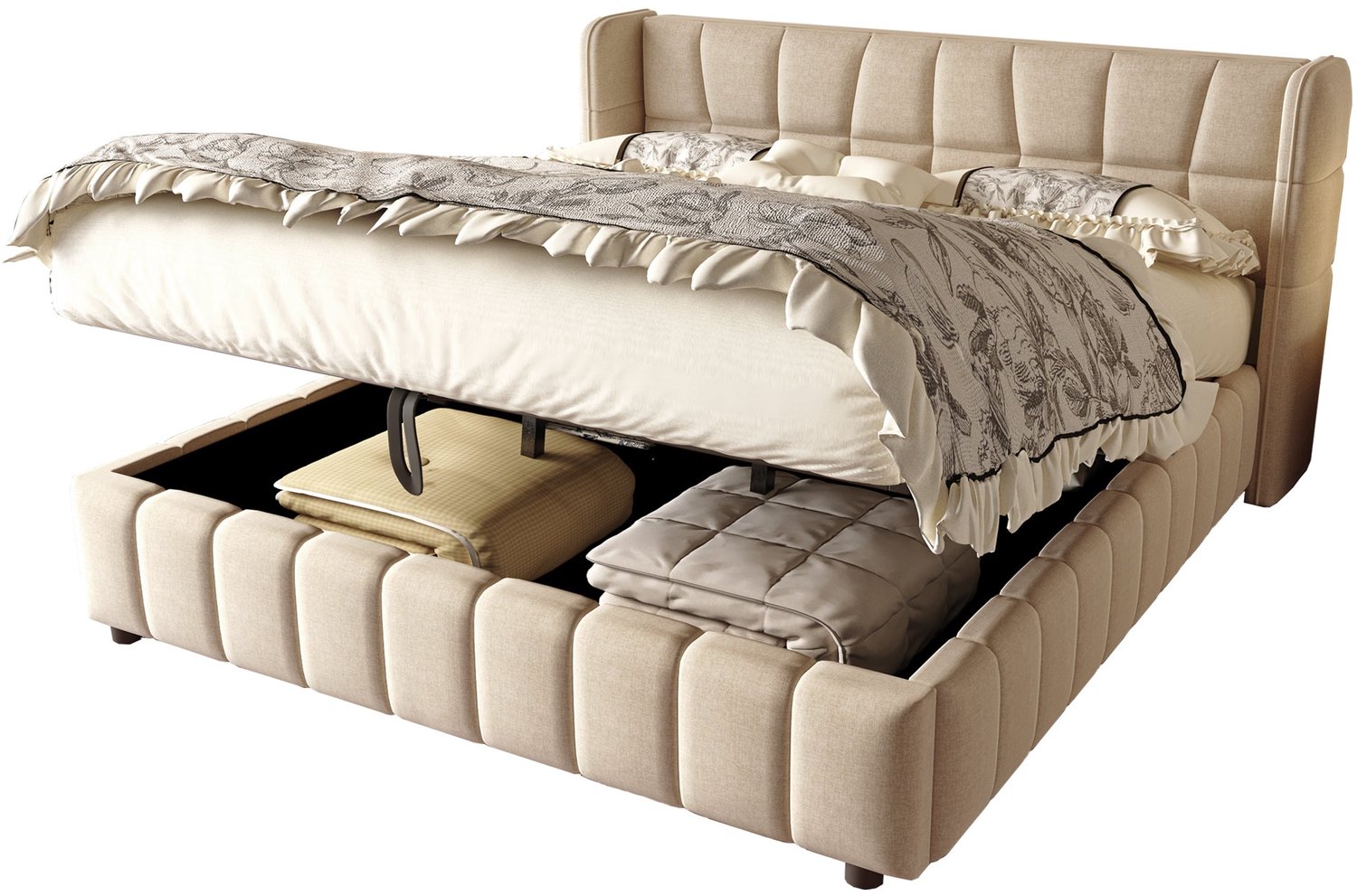 Merax Gestoffeerd Bed 180 x 200 cm - Bed met Opbergruimte - Linnen - Lattenbodem - Hoog Hoofdbord - Beige