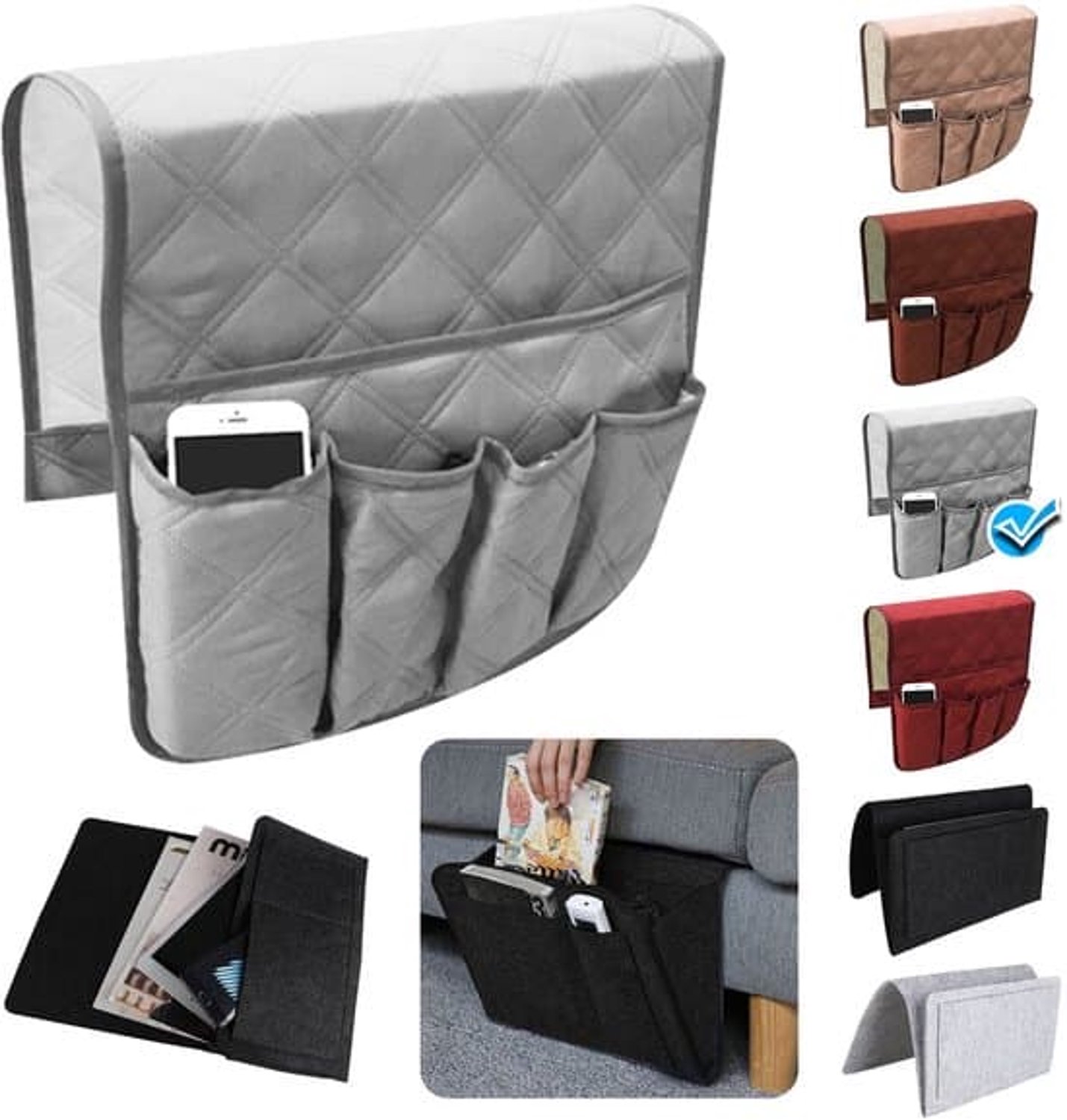 Opbergtas voor armleuning van de bank, antislip, 5 vakken, voor afstandsbedieningen en boeken, nachtkastje, grijs, 35 x 13 inch, 1 stuk