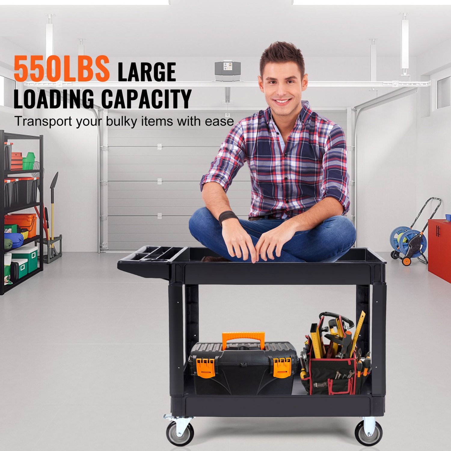 Servicewagen met 2 schappen- 249-5 kg- zware uitvoering- kunststof rolwagen met 360° zwenkwielen (2 met remmen)- groot schap met opstaande rand- ergonomische handgreep voor magazijn/garage/schoonmaak.