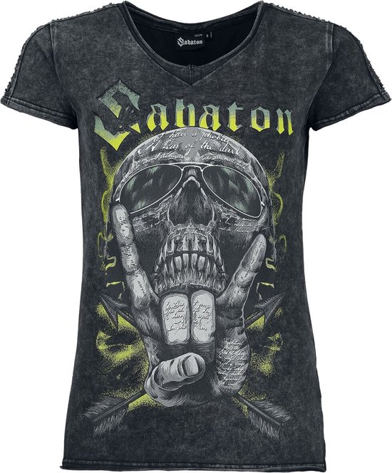 Grijs T-shirt met een schedelprint, zonnebril en Sabaton-logo in geel en zwart.
