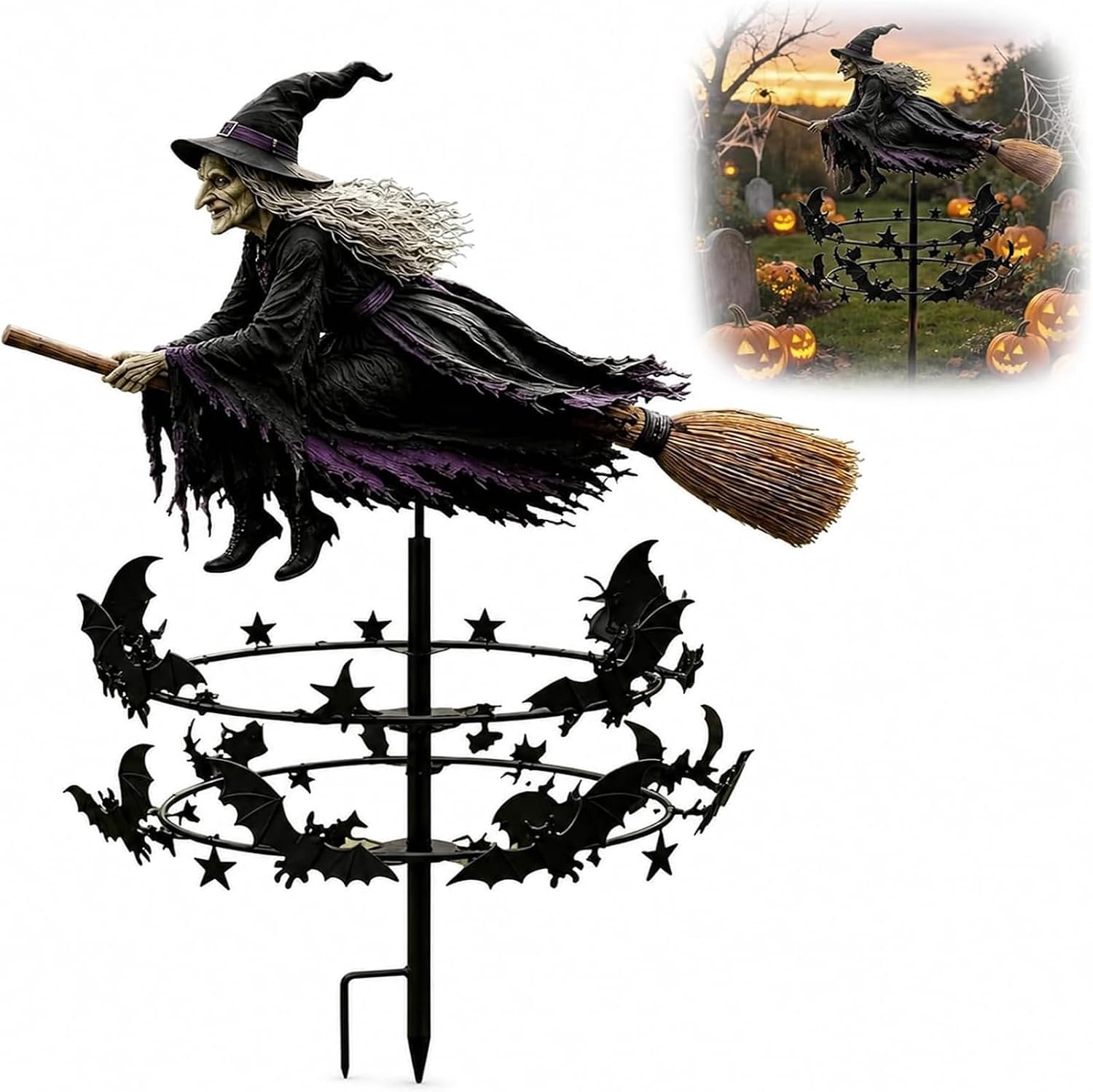 Betoverende Heksentuin-windspinner, metalen Halloween-tuindecoratie, tuinsteker voor buiten, Halloween-buitendecoratie met vliegende heks en bewegende vleermuisring, voor tuin, terras en tuinpad (1 stuk)