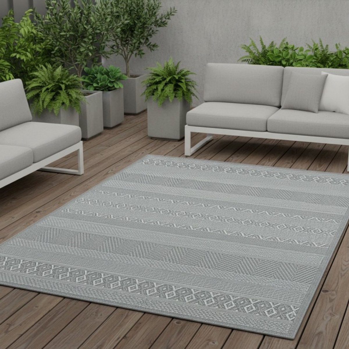 TapisTrend Designer tapijt Grijs 160x220 cm Binnen-/buitenkleed met geometrische ruit- en chevronstrepen voor terras en woonkamer