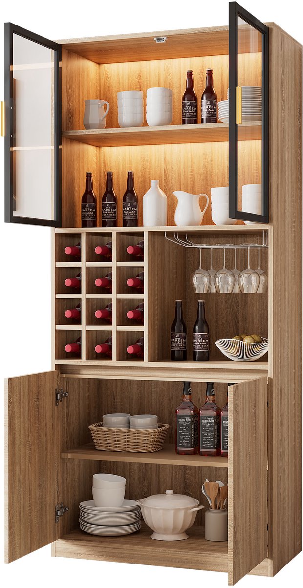 Badkamerkast Met Glazen Deuren - Hoge Opbergkast 180 Cm Met Open Vakken, LEDverlichting En Wijnglashouder - MDF - Naturel - Voor Badkamer Of Woonkamer
