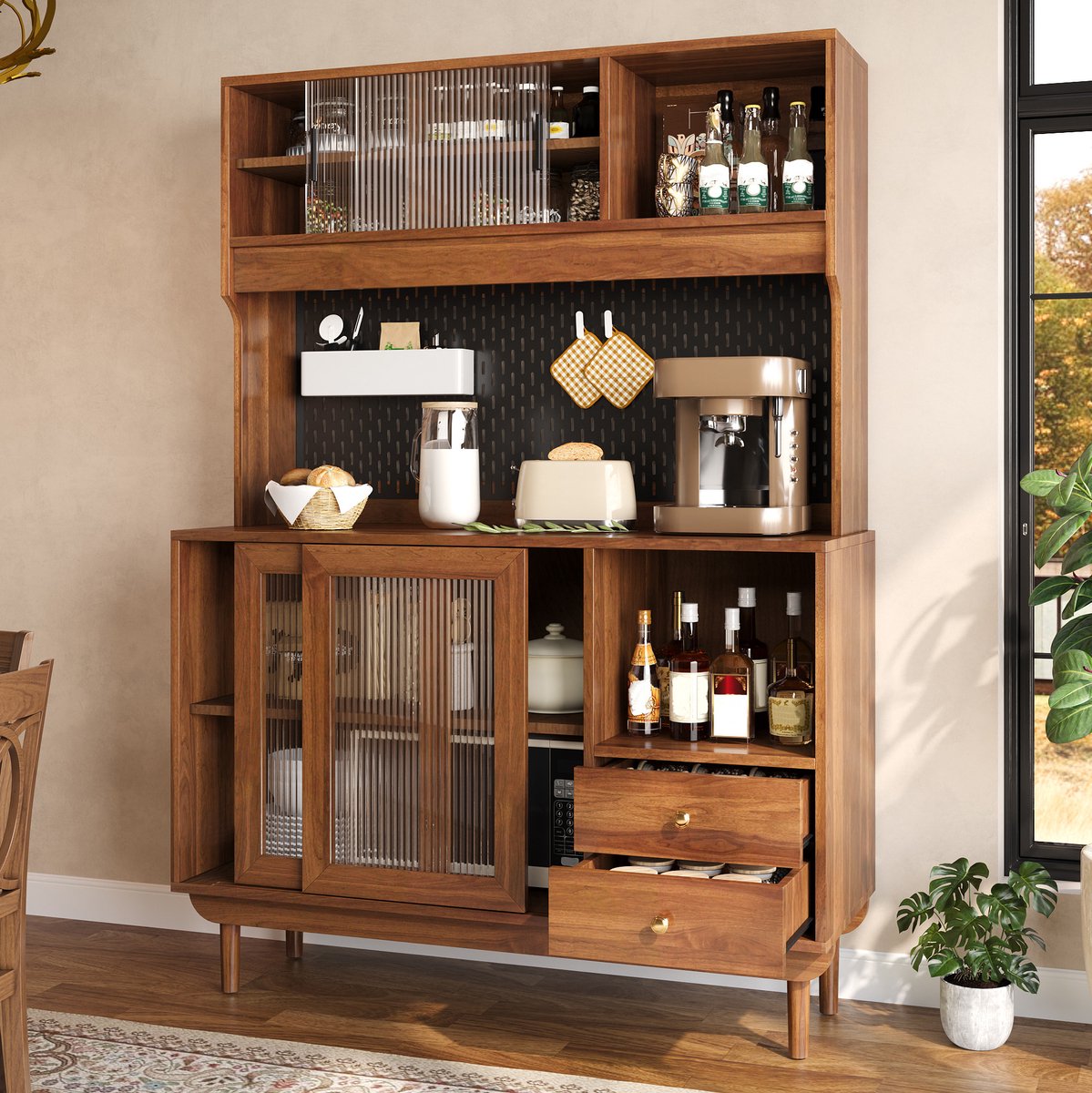 HAUSS SPOLE Keukenbuffet - Schuifdeuren Van Geribbeld Glas En Lades - Voor Keuken En Eetkamer - MDF En Spaanplaat - 117x30x170 Cm - Walnoot