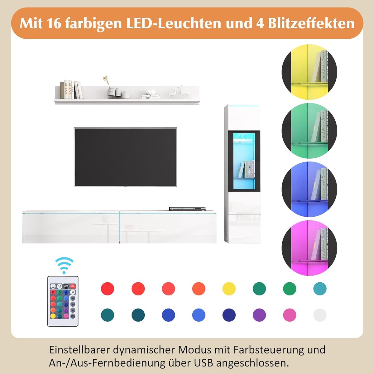 TV-meubel set van 3 delen - Wandkast, TV-meubel en vitrinekast - Afmetingen: 30x33x130 + 140x13.5x18 + 180x33x30 cm - Industrohome