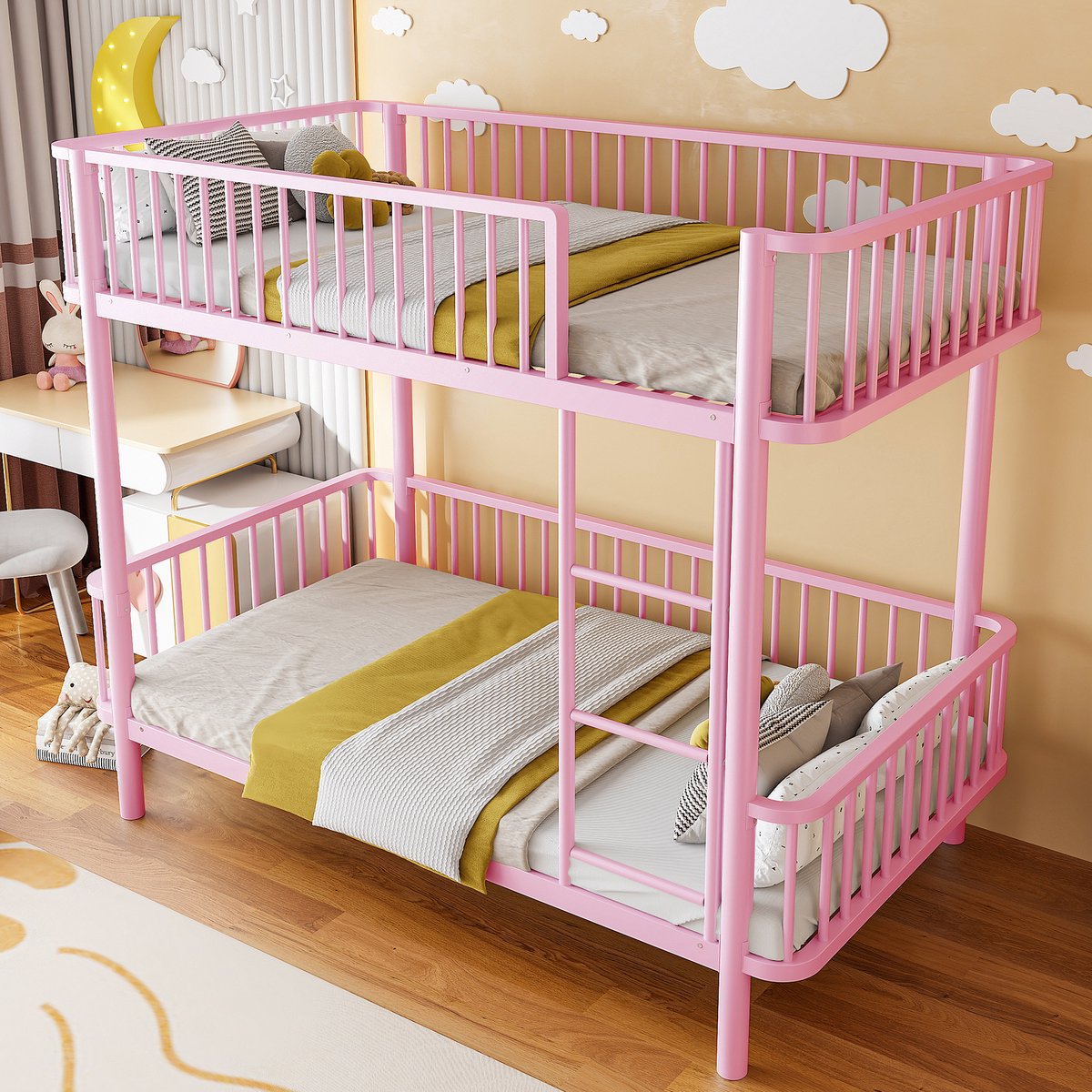 Clruro Stapelbed - 90 x 200 cm - Afgeronde Hoeken - Veiligheidshek - Metaal - Zwart/Roze