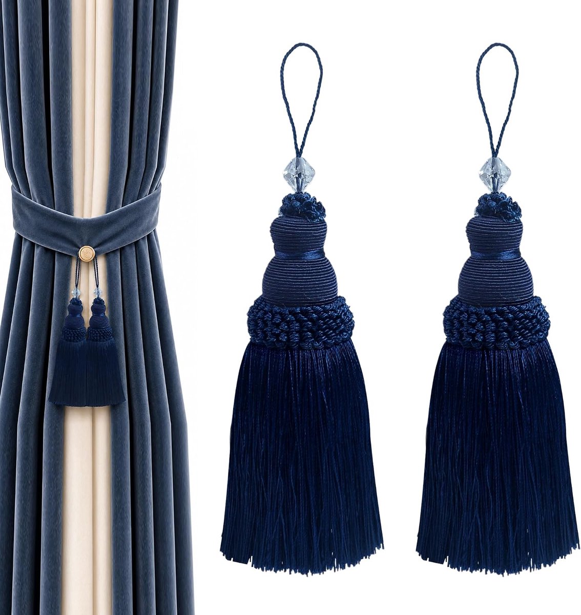 Kwastjes tie-backs zijden decoratieve holdbacks met kristallen kraal en touw lus elegante handgemaakte franjes stropdas ruggen voor woonkamer slaapkamer raam gordijn (marineblauw)