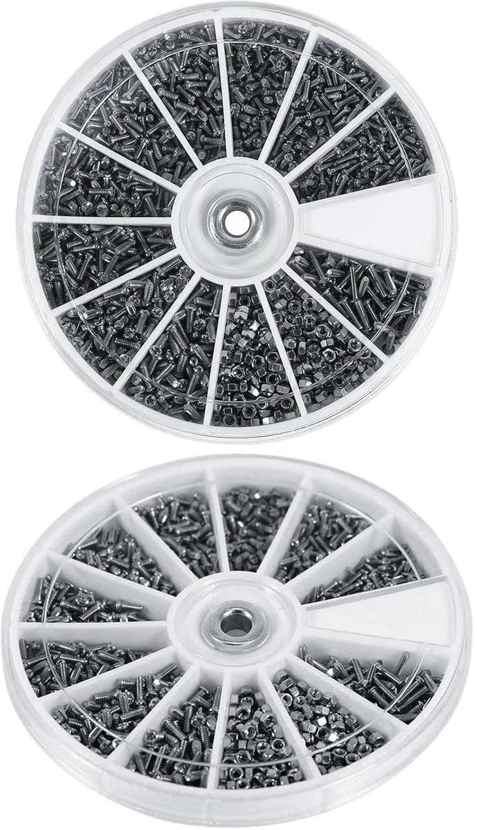 600-delige mini-schroeven en moeren set van roestvrij staal, 12 maten M1, M1.2, M1.4, M1.6, gesorteerd in doos voor brillen, horloges, kleine elektronica, fijnmechanica, nauwkeurige montage