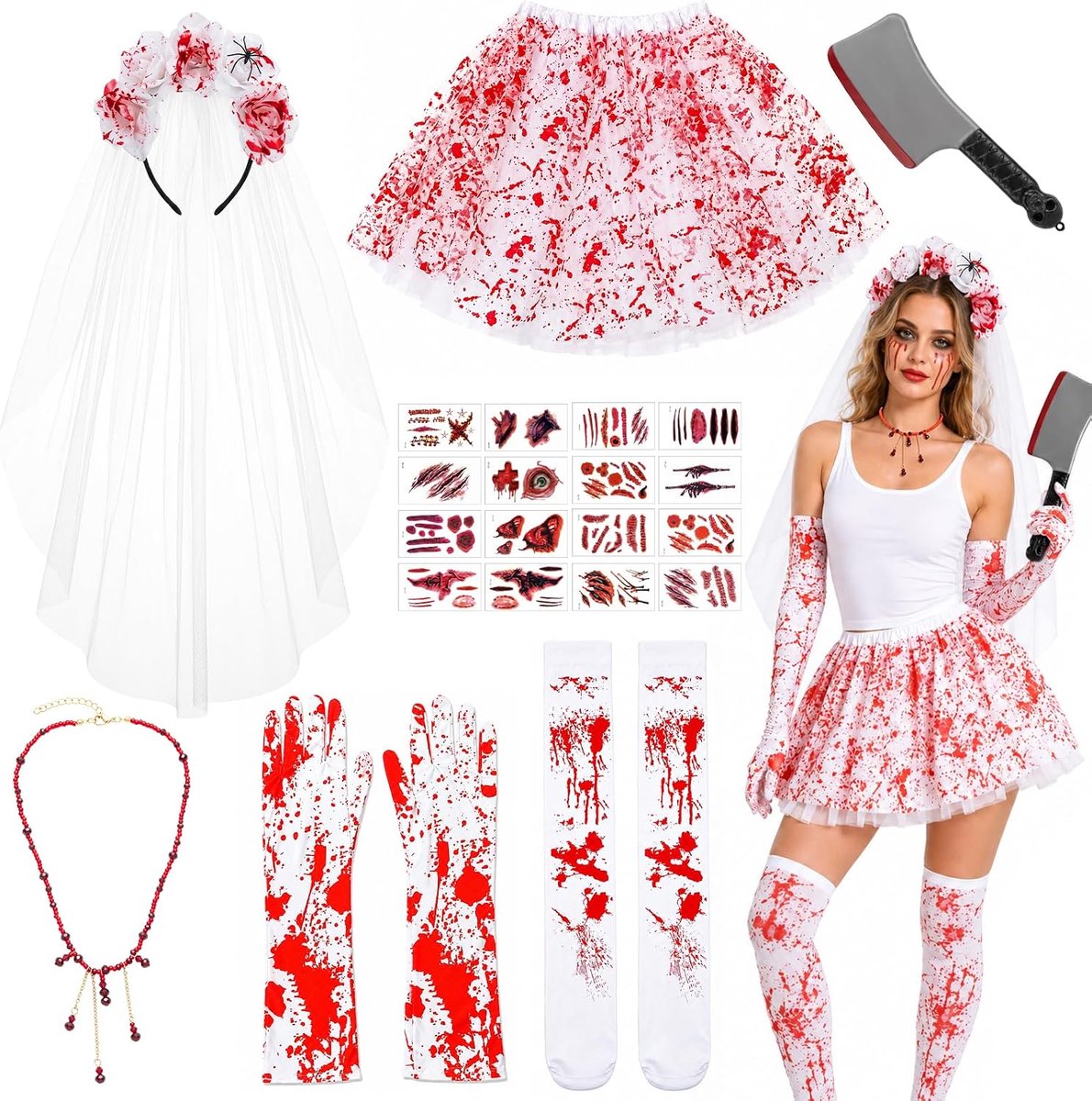 Spookbruid-kostuumset voor dames, Halloween zombie bruidskostuum met sluier, tutu-rok, handschoenen, kousen, littekentattoos, halsketting en rekwisieten voor cosplay themafeest