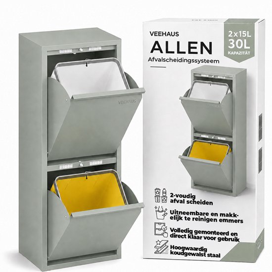 Grijze Veehaus Allen 30L afvalscheider met 2 vakken, 2x15L capaciteit.