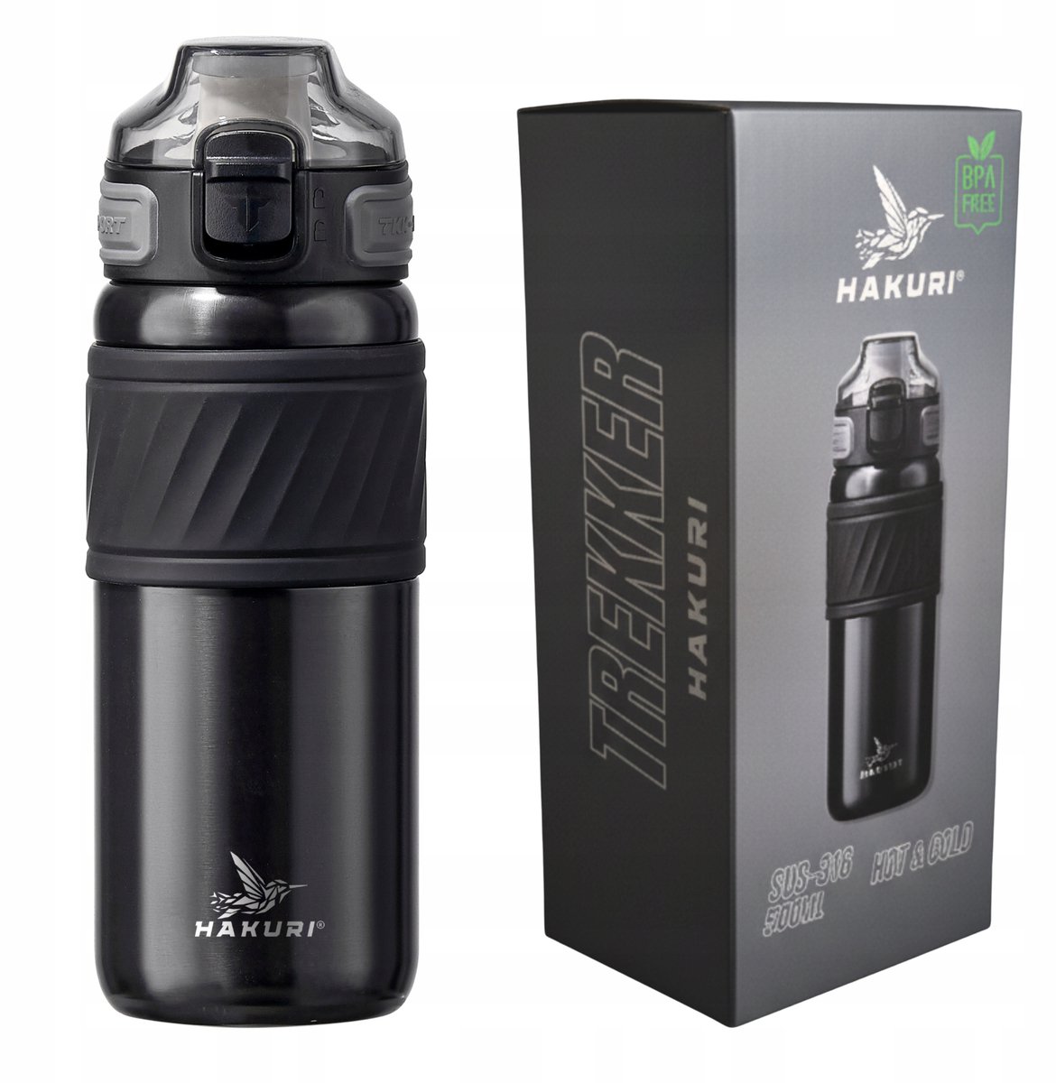 Hakuri Trekker Thermosbeker 500ml - Zwart, 2-in-1 met Rietje