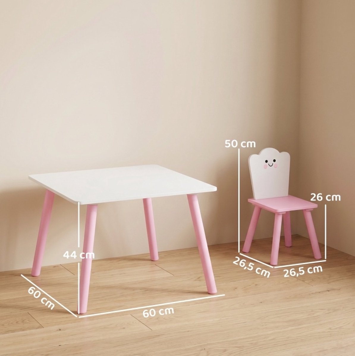 MODENUIT Kindertafel en Stoelenset - 1 Tafel met 2 Stoelen - Hout - Roze en Wit - 60x60x44 Cm - Voor Kinderen