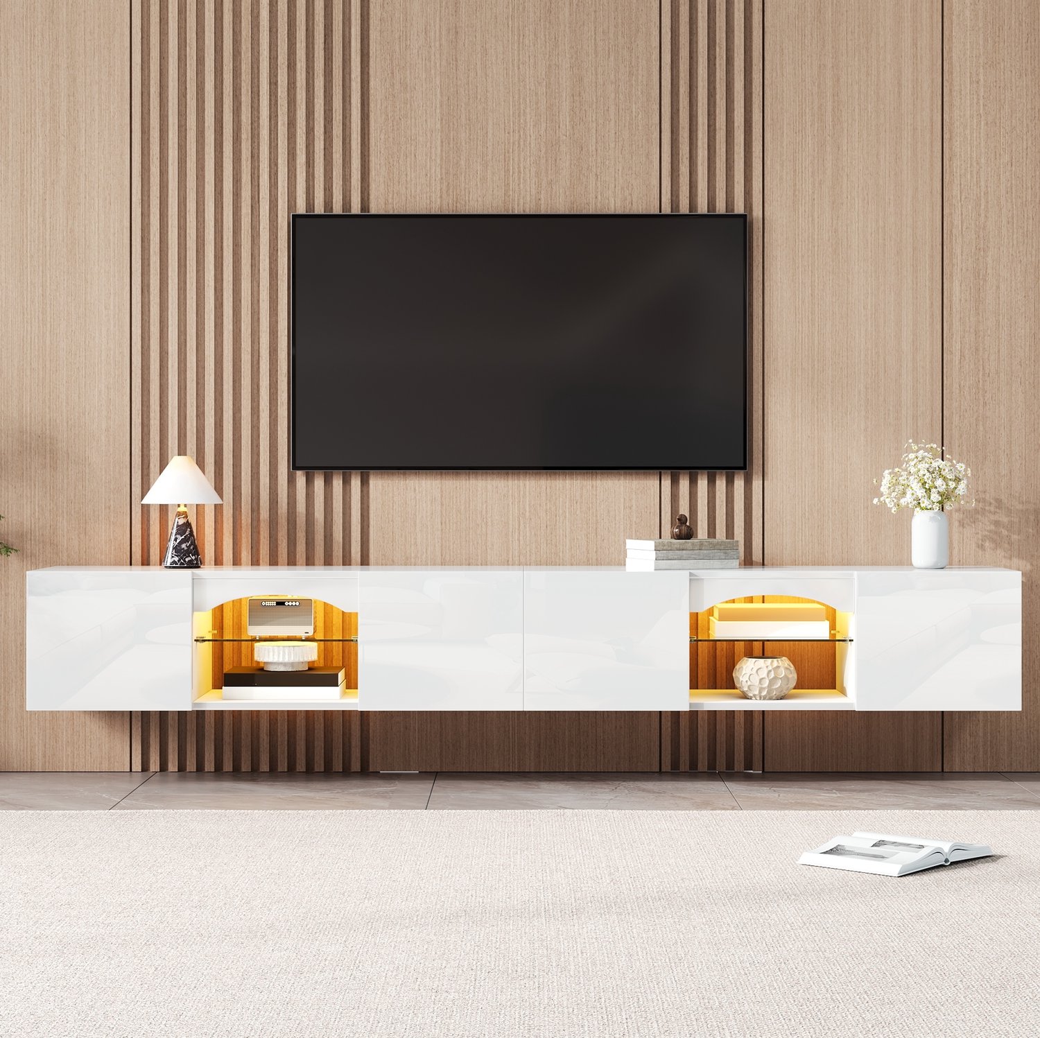 DESMIU TV Meubel Hoogglans Met LED Verlichting En Appbediening 4 Deuren 2 Open Vakken Met Glasplanken Voor Woonkamer Spaanplaat Wit 200x30x28 Cm