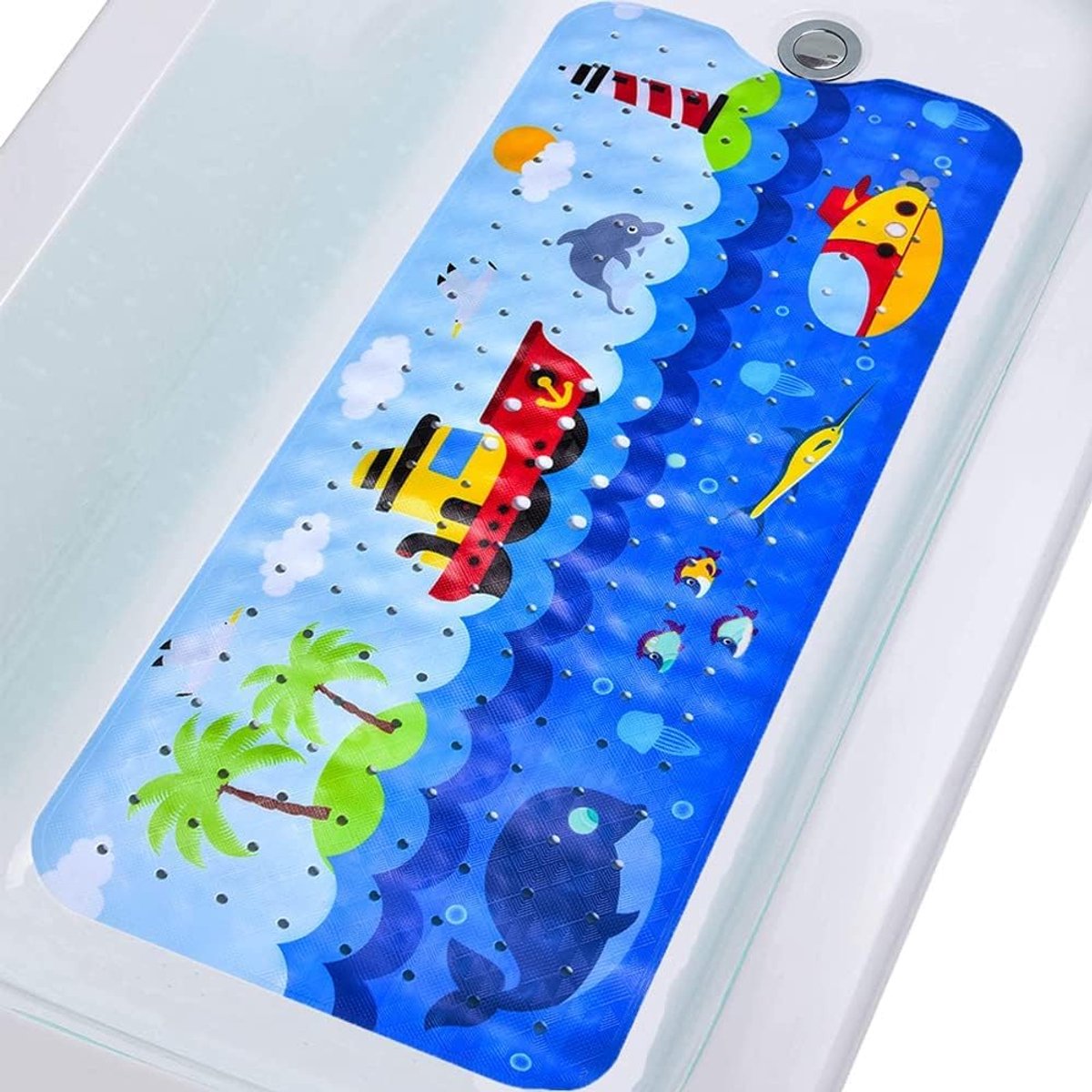 Badmat voor bad voor kinderen antislip badmat voor baby peuter extra lange badkamer douchemat met zuignappen, afvoergaten, 102 x 40 cm, schepen