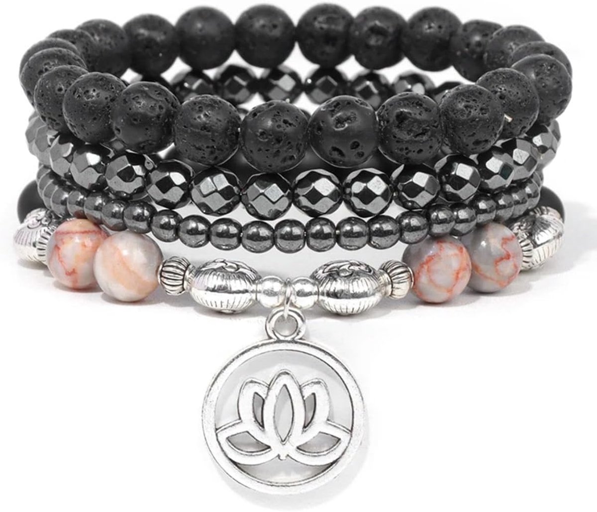 4 stks/set Mannen Hematiet Lotus Armband Lava Geel Turquoise Kralen Armband Set Voor Vrouwen