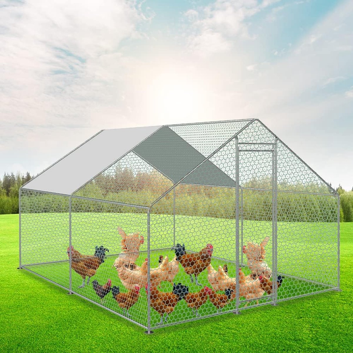 Buitenren 3 x 2 x 2 m, metalen kippenkooi met dakzeil, slot, huisdierren konijnenhok voor kippen, gevogelte, kleine dieren