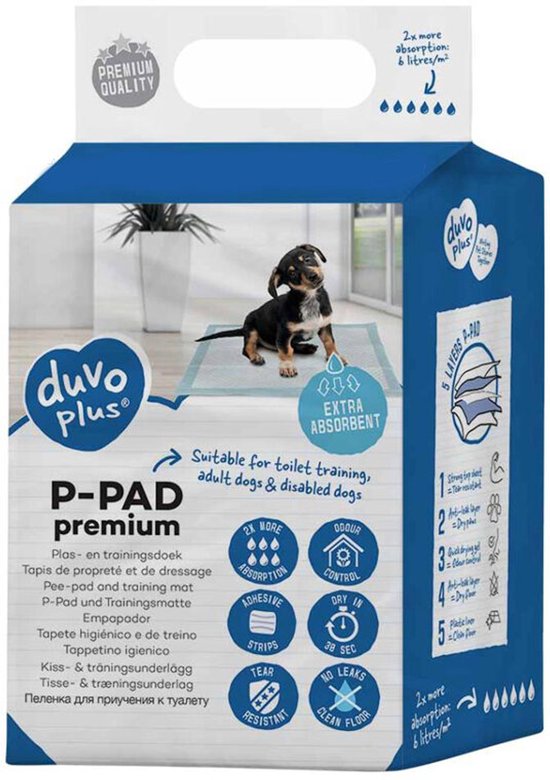 Verpakking met 'Duvo+ P-Pad premium' en een puppy op een plasmat.