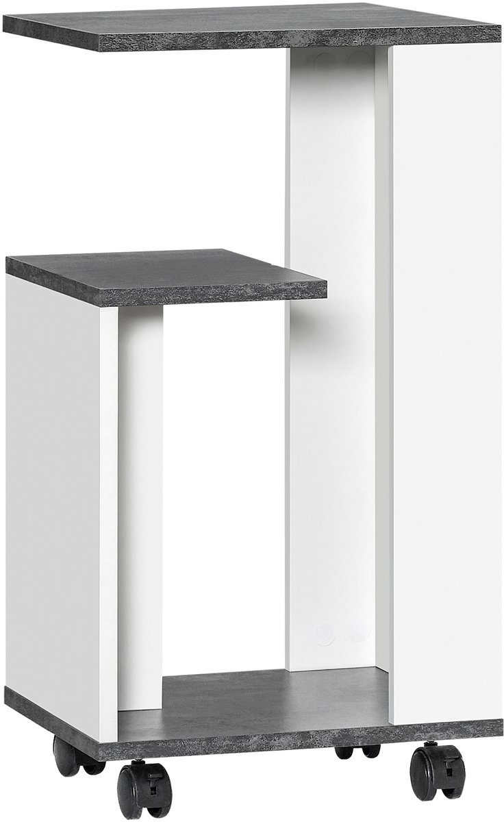 Homona Nachtkastje met 3 planken - Mobiel op wielen met rem - 35 x 29,5 x 65,5 cm - Grijs/Wit