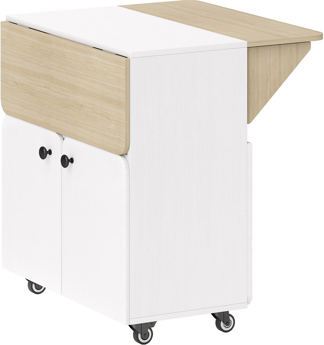 Homona Klaptafel met opbergruimte - Eettafel op wielen - Inklapbaar - 70 x 83 x 75 cm - Wit en natuurkleur