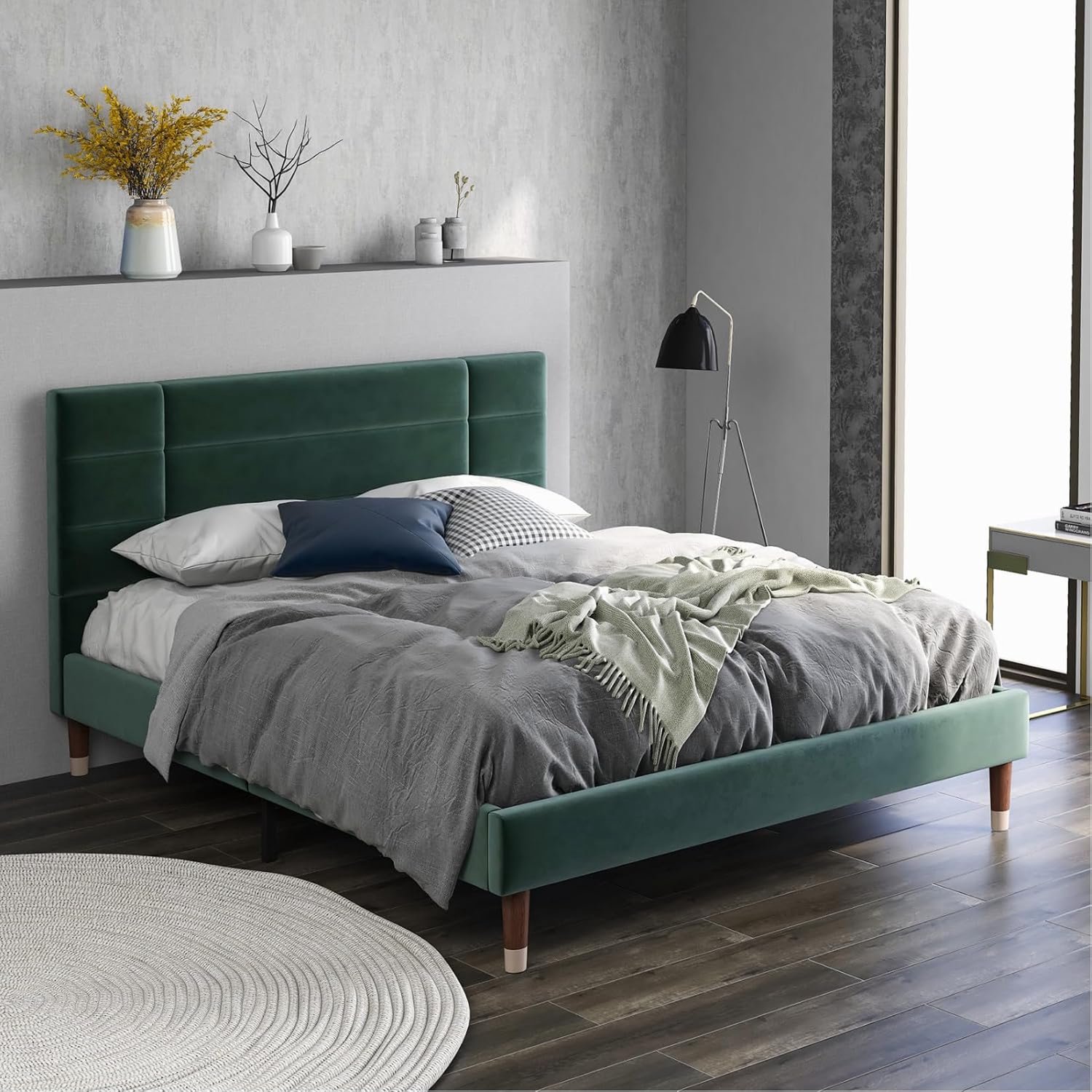 Gestoffeerd bed met lattenbodem 140x200cm, tweepersoonsbed met gevoerd hoofdeinde van linnen, geschikt voor volwassenen en tieners (groen)