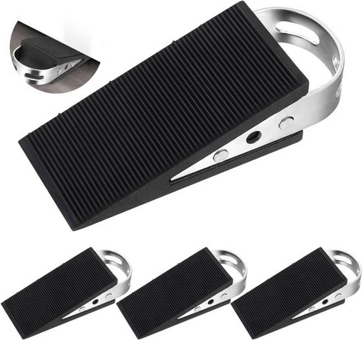 Set van 4 antislip deurwiggen - Rubber met RVS-handvat - Voor thuis, kantoor en hotels - Geschikt voor alle deuren en vloeren - 12 x 5 x 3 cm