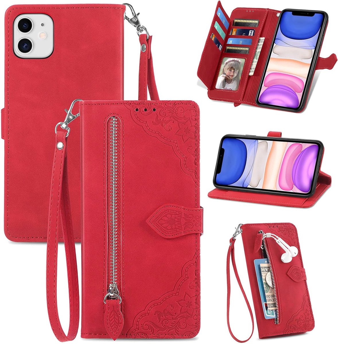 Hoes voor iPhone 11 (6,1 inch), standfunctie lederen telefoonhoes met grote capaciteit magnetische sluiting kaartsleuven compatibel met iPhone 11 - Rood