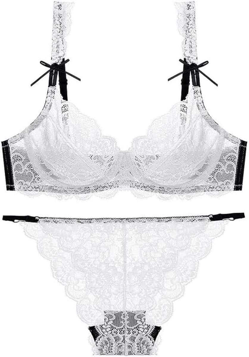 Sexy BH En Panty Set Transparante Dunne Kant Holle Brassiere, White, 385D