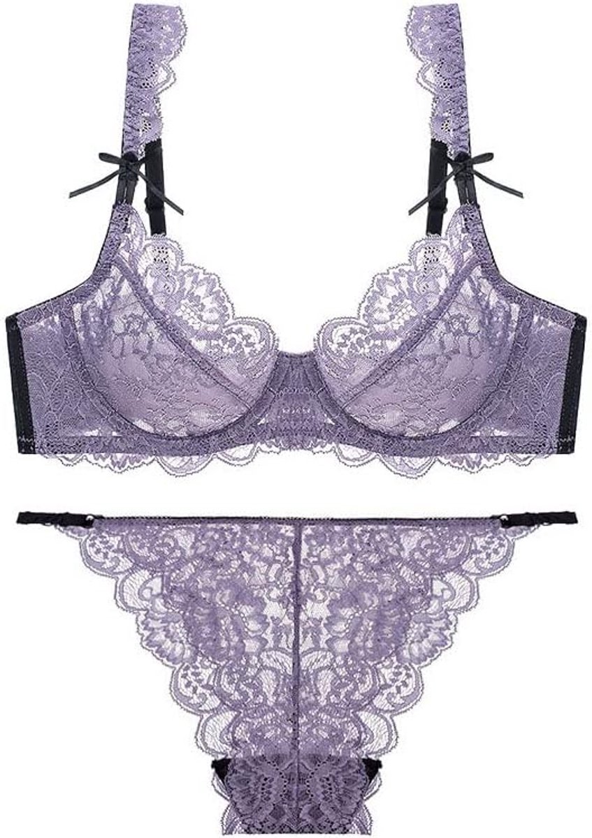 Sexy BH En Panty Set Transparante Dunne Kant Holle Brassiere, Purple, 75A