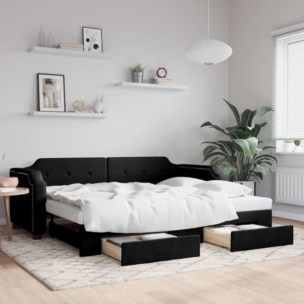 Uittrekbaar met laden, zwart, 80 x 200 cm, stof, bedframe voor woonkamer, hotelbedframe, slaapkamer, geschikt voor slaapkamer
